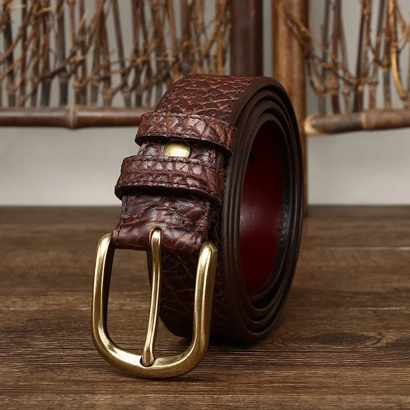 3.8CM Vintage Luxury Handmade Genuine Leather Copper Buckle Man's Belt High Quality Pure Cowhide Retro Thick Casual Jeans Belt