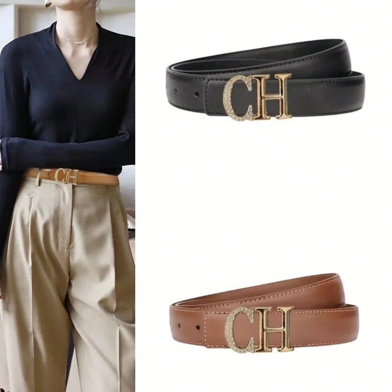 New CH Rhinestone Buckle Belt for Women Genuine Leather Adjustable Elegant Casual Everyday Fashion Gift