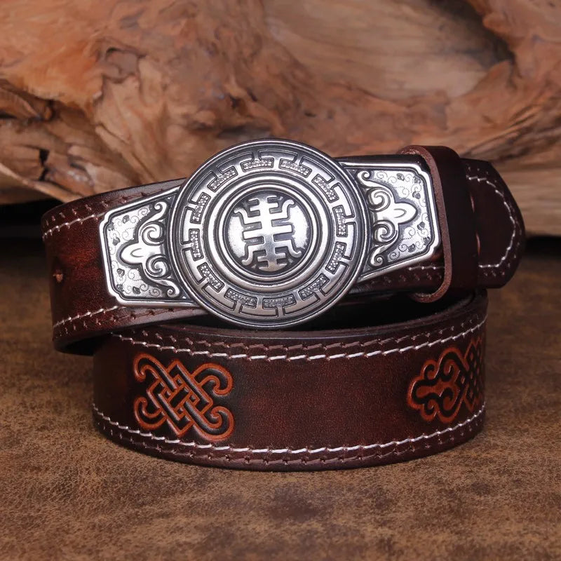 Retro Lucky Mongolian Style Genuine Leather Carved Men's Belt Tibetan Style Alloy Plate Buckle Head Luxury Designer Jeans Belt