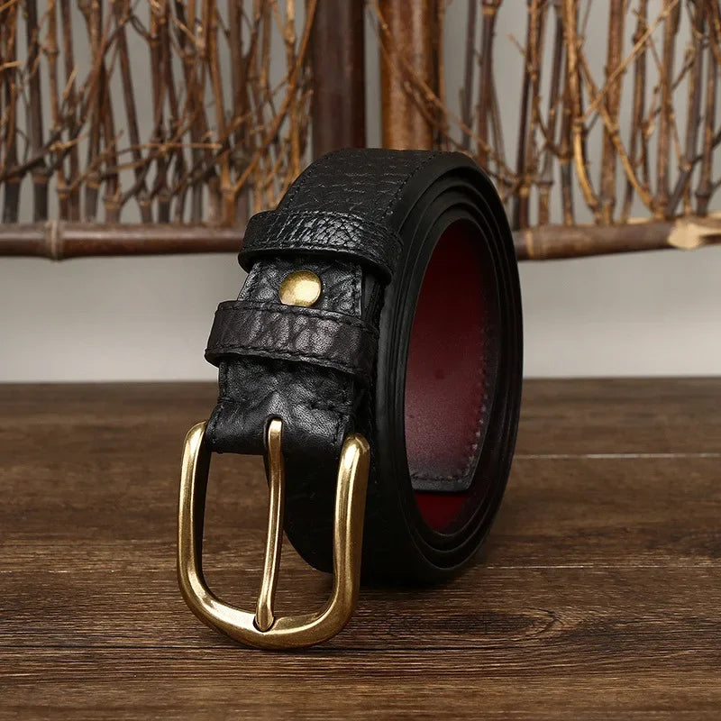 3.8CM Vintage Luxury Handmade Genuine Leather Copper Buckle Man's Belt High Quality Pure Cowhide Retro Thick Casual Jeans Belt
