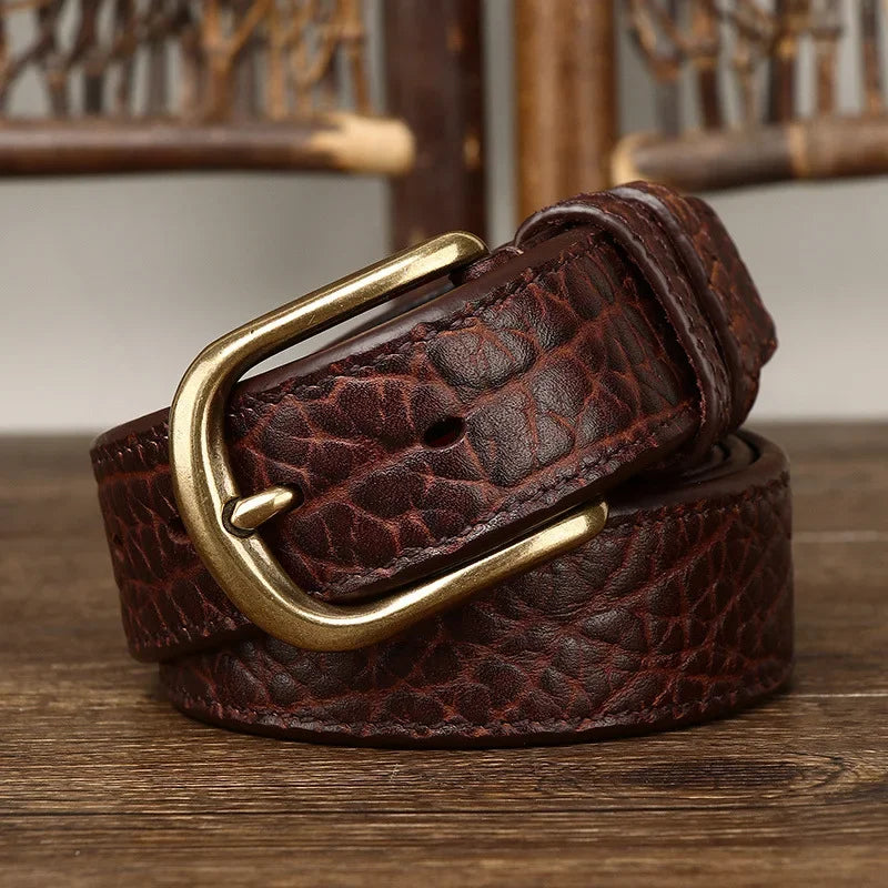 3.8CM Vintage Luxury Handmade Genuine Leather Copper Buckle Man's Belt High Quality Pure Cowhide Retro Thick Casual Jeans Belt