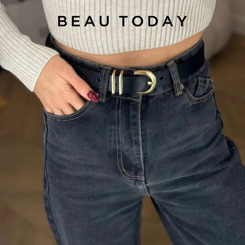 BeauToday Belt Women Cow Leather Horseshoe Buckle Sewing Retro Designer Ladies Jeans Dress Waistband Handmade 91005